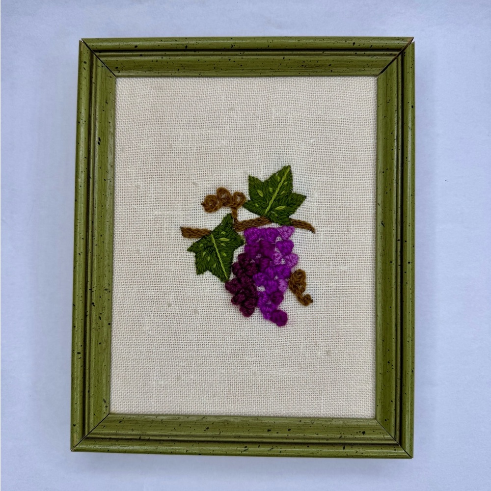 Embroidered Grape Wall Art with Green Frame